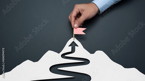 Hand places flag on paper mountain peak symbolizing achievement and reaching goals.