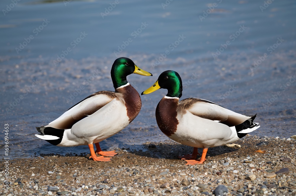 Obraz premium A pair of mallard ducks by the water's edge in a natural setting, summer vibes, wildlife, adorable birds, outdoor park scene