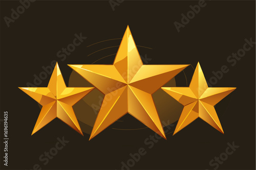 3 golden star shapes, radiant, elegant, shining on black background