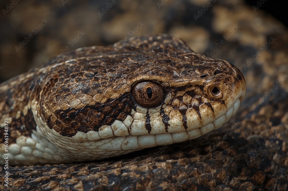 Fototapeta premium Detailed view of a serpent's head and upper body showing textured scales up close