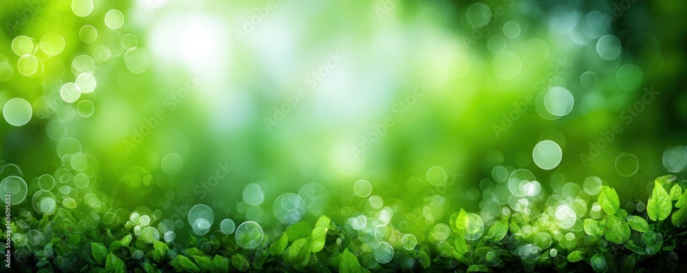 Fototapeta premium A vibrant green backdrop featuring bokeh lights and blurred leaves, radiating freshness and natural light with a refreshing, tranquil ambiance