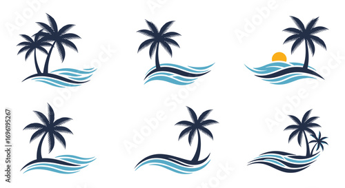 Serene tropical island vibes with palm trees gracefully swaying beside ocean waves under a beautiful sky