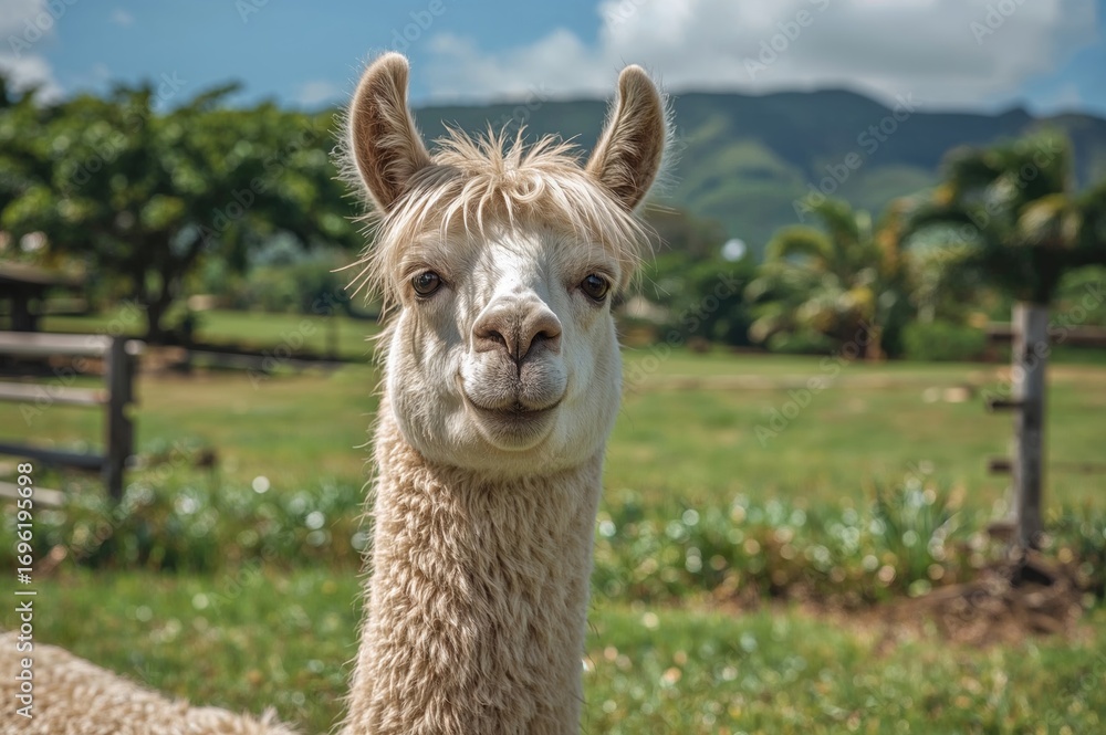 Obraz premium A llama grazes on lush grass in a colorful environment, bathed in bright sunshine and surrounded by rich foliage on a tropical island.