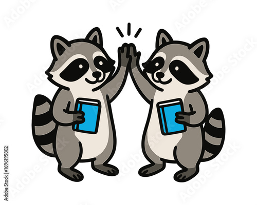 Two cartoon raccoons holding books and giving high five. Friendship and education concept.