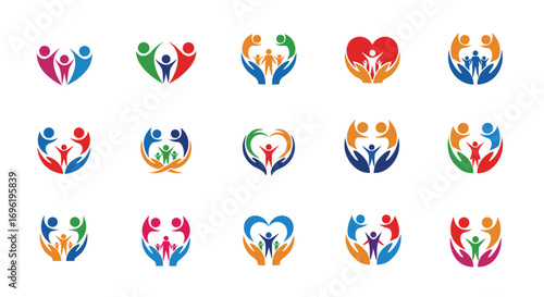 Diverse collection of human family community care support logos representing unity harmony togetherness