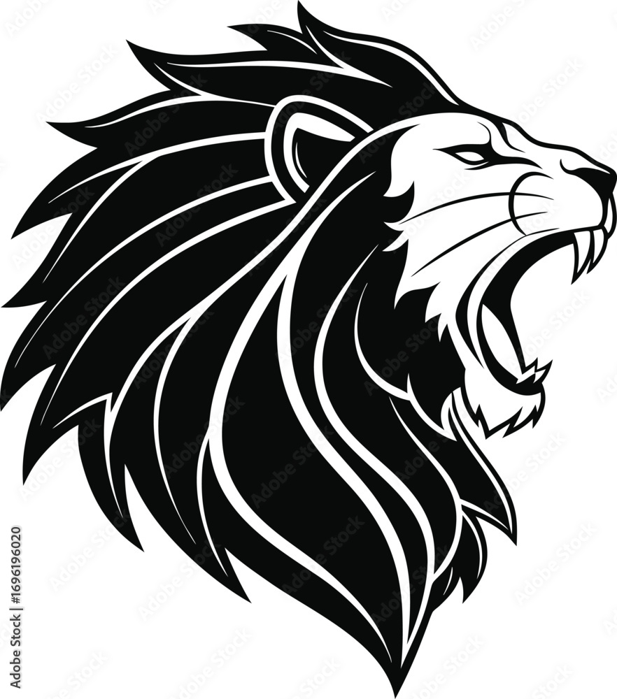Fototapeta premium Stylized Lion Head Silhouette Vector, Majestic Lion Profile Outline Illustration, Bold Lion Head Graphic Design, Regal Feline Silhouette Artwork