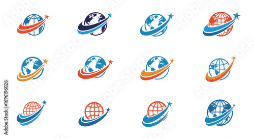 Collection of global travel and connectivity icons featuring orbiting planets and ascending stars
