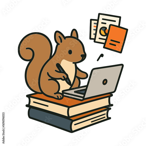 Cartoon squirrel sitting on books using laptop and writing. Study and online education concept.