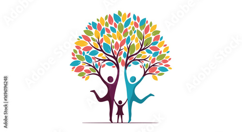 Abstract colorful tree symbolizing family growth and unity with vibrant leaves and silhouettes representing connection