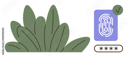 Green leafy elements paired with a fingerprint scan and password input field. Ideal for security, technology, biometrics, eco-friendliness, digital access, login systems, simple flat metaphor
