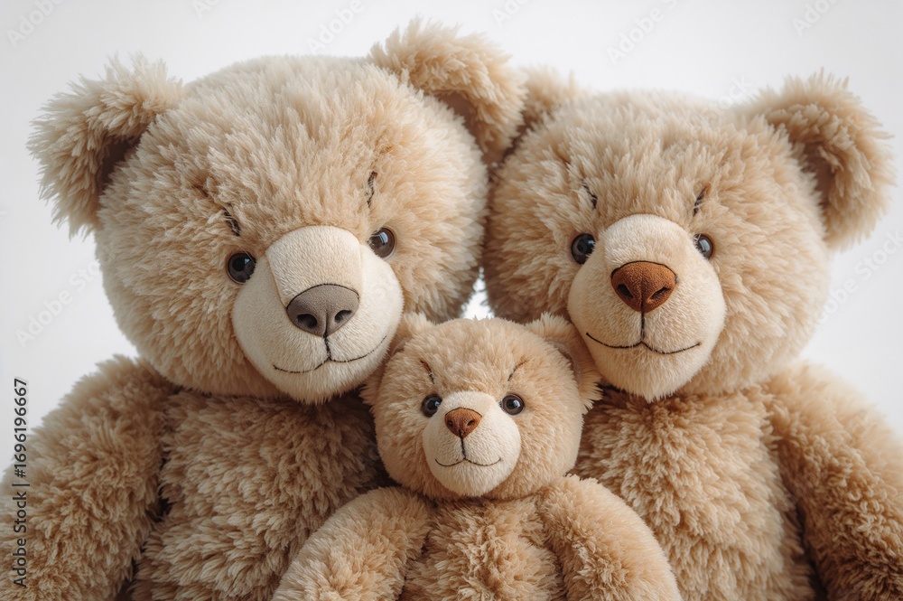 Fototapeta premium A vintage-style trio of teddy bears representing father, mother, and child with a theme of family and affection.