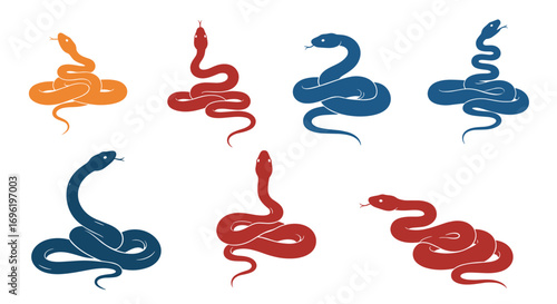 Collection of stylized snake illustrations in diverse colors and dynamic poses representing reptilian grace and power