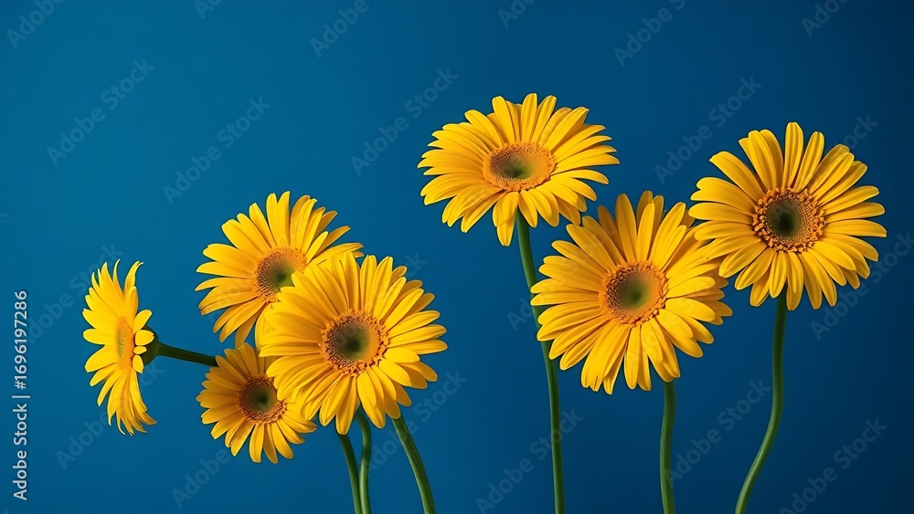 Obraz premium Vibrant yellow gerbera flowers arranged artistically against a deep blue background with soft lighting.