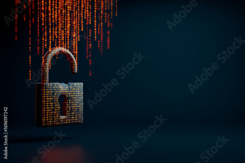 Open padlock with binary code raining symbolizing data breach