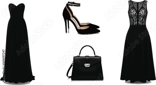 Elegant black dresses, high heels, and a stylish handbag, creating a sophisticated and timeless fashion ensemble