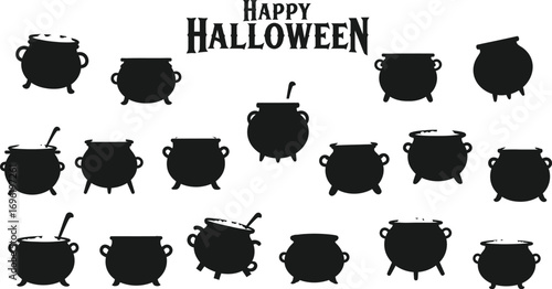 Collection of halloween witch cauldrons with bubbling potion, perfect for spooky decorations and festive designs