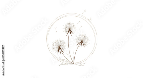 Delicate dandelion seeds floating in a gentle breeze surrounded by an intricate circular pattern suggesting whimsical nature dreams