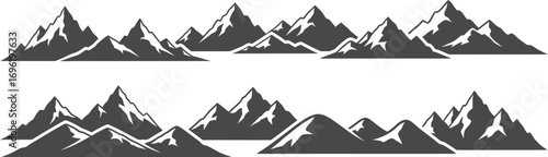 Silhouette of mountain range, showcasing jagged peaks and rugged terrain, perfect for outdoor adventure themes and scenic designsSilhouette of mountain range, showcasing jagged peaks and rugged terrai