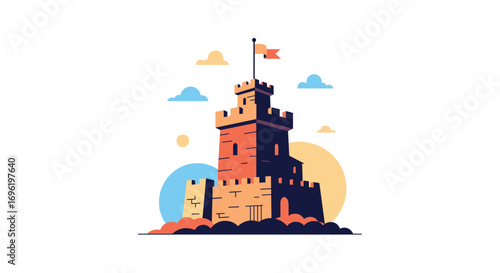 Majestic medieval castle fortress towering over the landscape with colorful clouds and sun on a bright sunny day