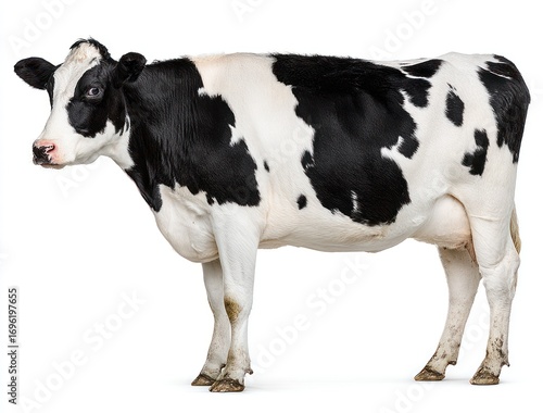 Black and white dairy cow standing sideways on a white background, full view of the animal