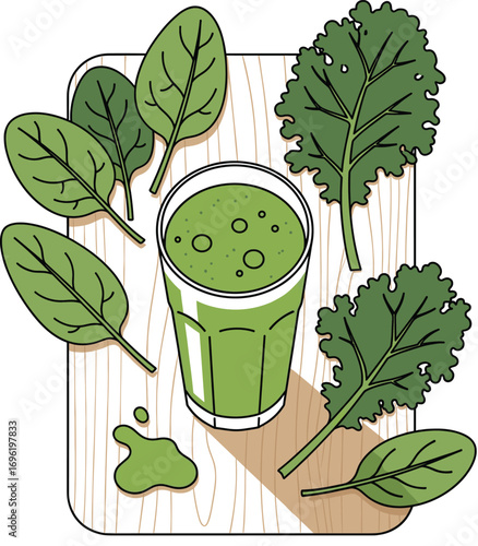 Spinach & Kale Smoothie Flat Lay with Fresh Greens Vector 2