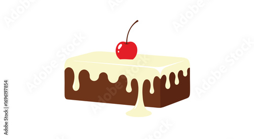 A rich dark chocolate cake covered in creamy white frosting topped with a single bright red cherry a delightful dessert