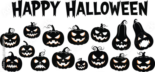 A collection of spooky jackolanterns with happy halloween text, ideal for halloween decorations and designs
