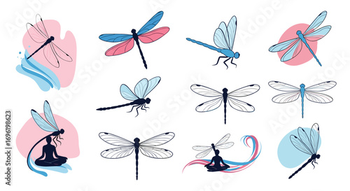 Delicate dragonfly illustrations and meditative figures in artistic abstract designs