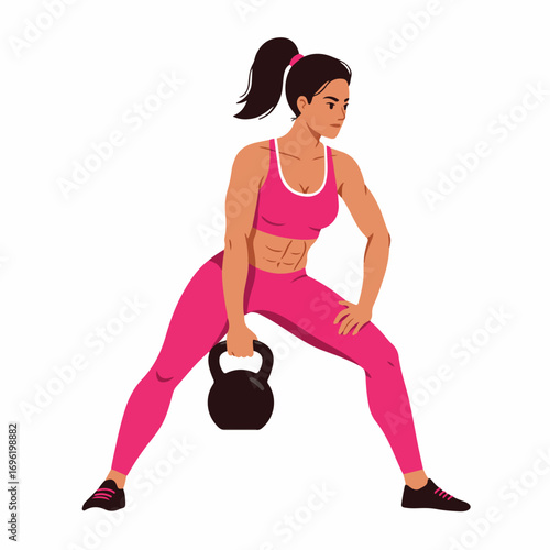 A fit woman in pink athletic wear performs a kettlebell workout, demonstrating strength and dedication to fitness.