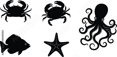Silhouette illustration of various sea creatures, including crabs, octopus, starfish, and fish