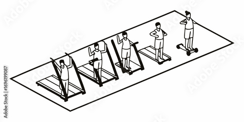 People exercising on treadmills and a balance board in a gym setting with simple black line drawing style