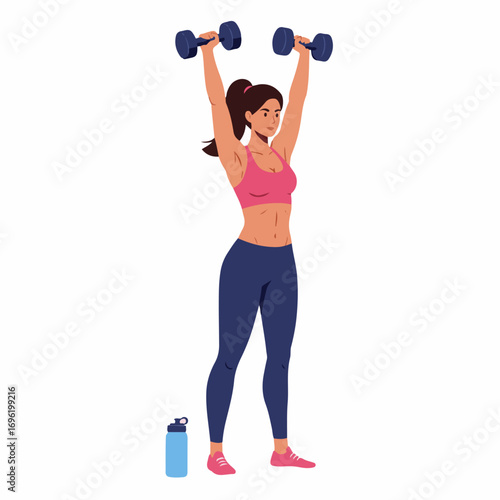 A fit woman with a ponytail in athletic wear performs an overhead dumbbell press exercise.