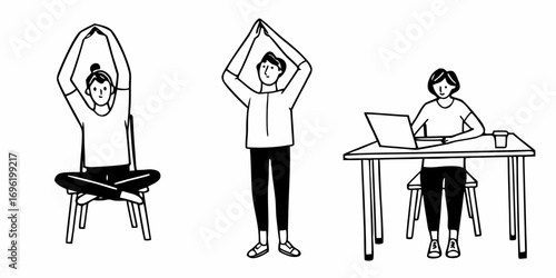 Illustration showing three people doing different activities including stretching and working at a desk
