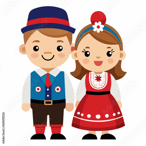 Adorable Cartoon Illustration of a Traditional Couple in Folk Costume