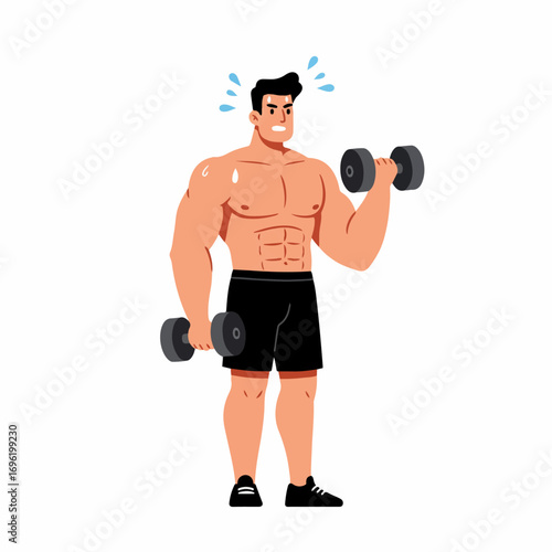 A muscular man with defined abs is working out by lifting dumbbells, sweating from exertion.