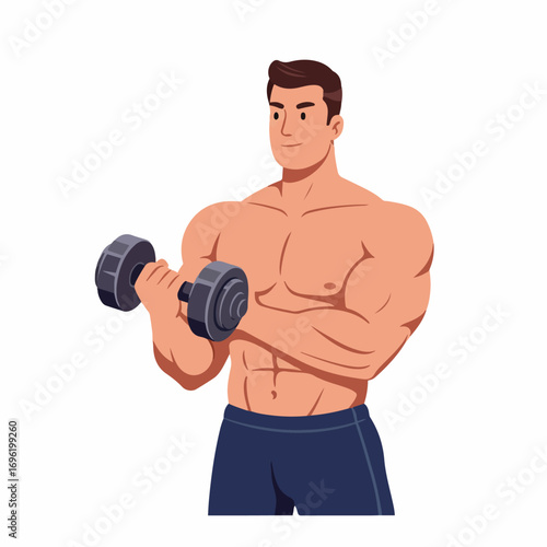 A muscular man with dark hair is performing a bicep curl with a dumbbell in his right hand.