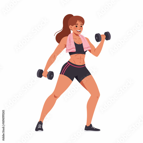 A fit woman with a ponytail and a towel around her neck is exercising with dumbbells.