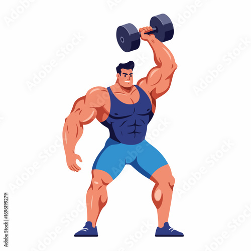 A muscular man with a blue tank top and shorts lifting a dumbbell overhead, showcasing his strength and fitness.