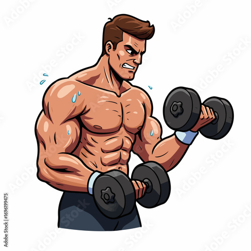 A muscular man with defined abs and biceps is intensely performing dumbbell curls, sweating from the exertion.