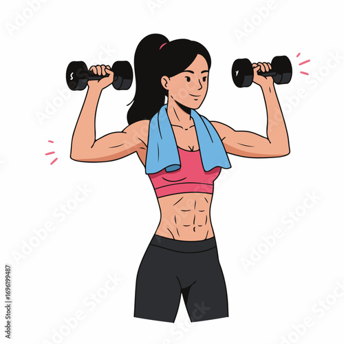 A fit woman with toned abs and muscular arms is performing dumbbell shoulder presses, showcasing her dedication to fitness and strength training.