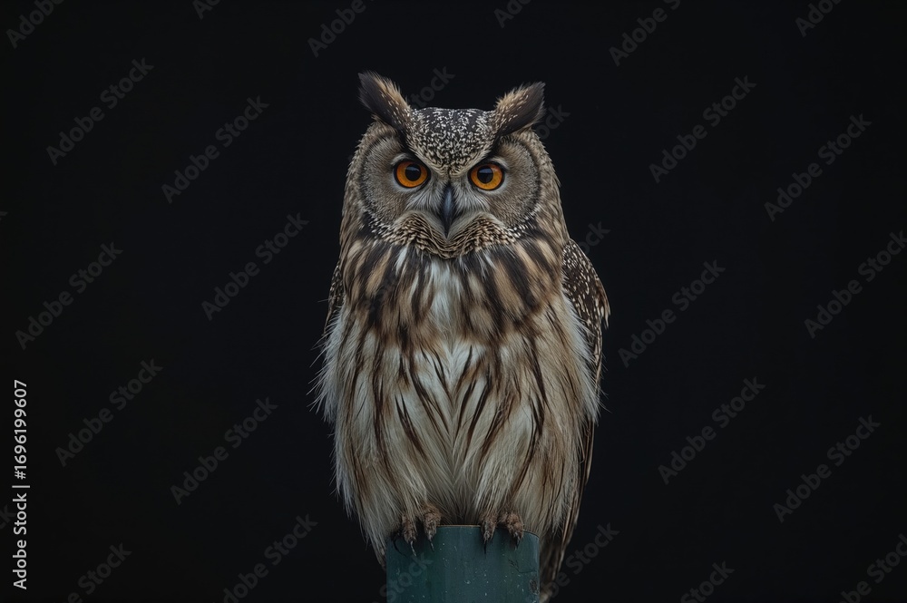 Fototapeta premium A detailed close-up of a large owl perched on a post, gazing intently forward with striking eyes against a dark background.