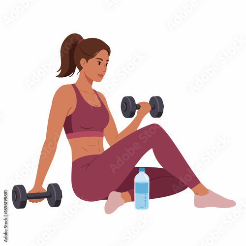 A fit woman with brown skin and dark hair tied in a ponytail, wearing a maroon sports bra and leggings, sits on the floor with dumbbells and a water bottle.