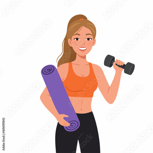 A fit young woman in athletic wear holding a yoga mat and a dumbbell, ready for a workout.