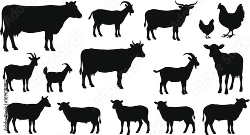 Silhouette of farm animals, including cows, goats, sheep, and chickens, creating a rustic and agricultural scene