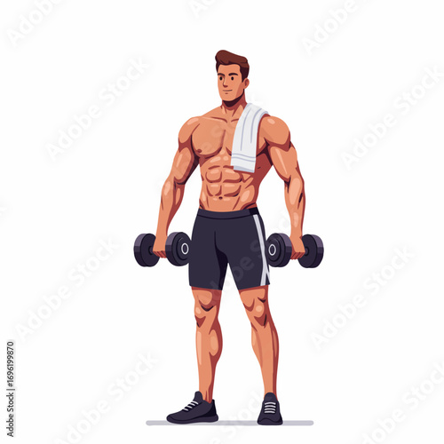 A muscular man with a towel around his neck stands holding dumbbells, ready for a workout.