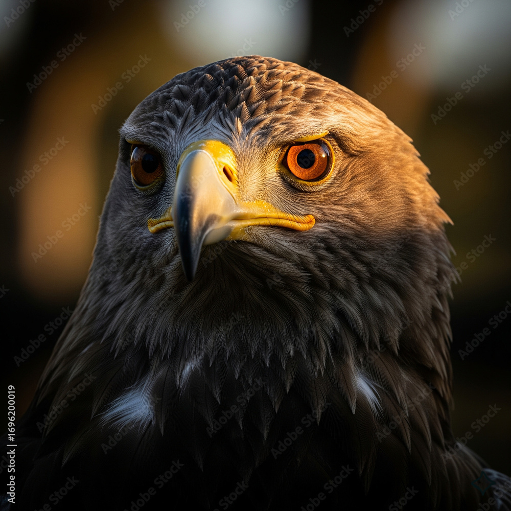 Fototapeta premium Close up portrait of a majestic eagle with piercing orange eyes