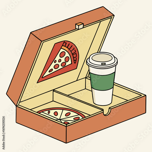 Pizza box with slice and coffee cup in minimalist illustration  