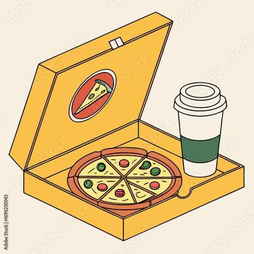 Pizza in yellow box with takeaway coffee cup on cream background  