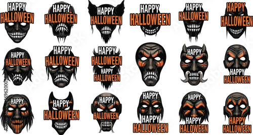 Collection of happy halloween monster masks, featuring spooky and festive designs for halloween celebrations and decorations