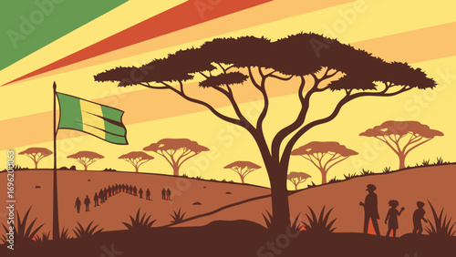 Silhouette of family walking near African landscape with flag  